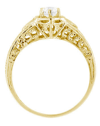 Yellow Gold Art Deco Hexagon White Sapphire Filigree Engagement Ring - Item: R149YWS - Image: 3
