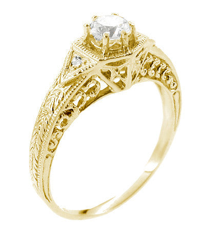Yellow Gold Art Deco Hexagon White Sapphire Filigree Engagement Ring - Item: R149YWS - Image: 2