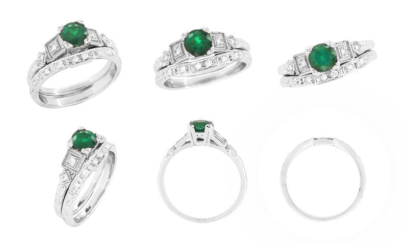 Art Deco Geometric Emerald Engagement Ring in Platinum with Side Diamonds - Item: R155P - Image: 6