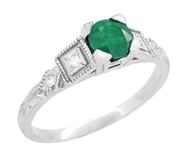 Art Deco Geometric Emerald Engagement Ring in Platinum with Side Diamonds - alternate view