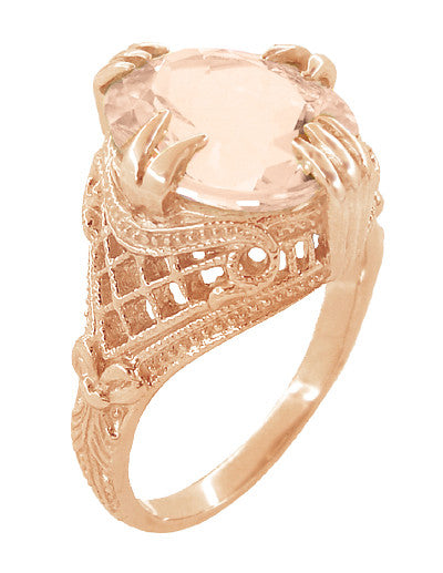 Filigree Art Deco Large Oval Morganite Ring in 14 Karat Rose Gold - 4.5 Carats - Item: R157RM - Image: 3