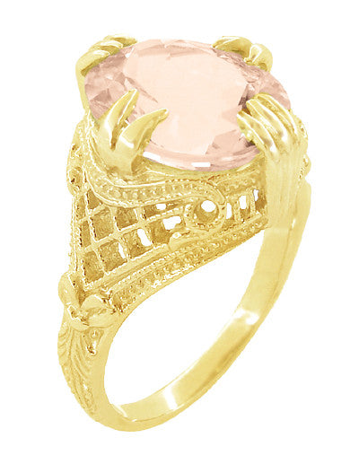 Art Deco Filigree 4.50 Carat Oval Morganite Statement Ring in 14 Karat Yellow Gold - Item: R157YM - Image: 2