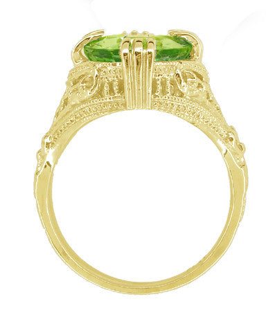Art Deco Filigree Yellow Gold Large Oval Peridot Statement Ring - 5.5 Carats - Item: R157YPER - Image: 4