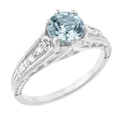 1920s Art Deco Aquamarine Engagement Ring in White Gold with Engraved Sides - R158A