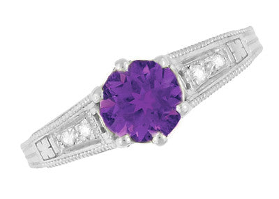 1920's Art Deco Filigree Amethyst Engagement Ring with Diamonds in 14K White Gold - Item: R158AM - Image: 6