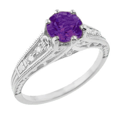 1920's Art Deco Filigree Amethyst Engagement Ring with Diamonds in 14K White Gold - Item: R158AM - Image: 2
