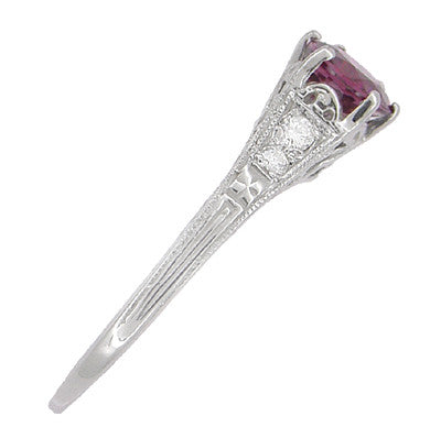 Vintage Style Raspberry Rhodolite Garnet and Diamond Filigree Engagement Ring in 14 Karat White Gold - Item: R158G - Image: 3