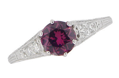 Vintage Style Raspberry Rhodolite Garnet and Diamond Filigree Engagement Ring in 14 Karat White Gold - Item: R158G - Image: 4