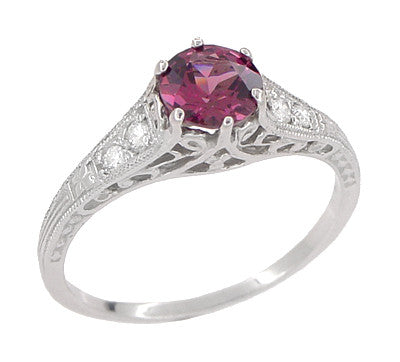 Vintage Style Raspberry Rhodolite Garnet and Diamond Filigree Engagement Ring in 14 Karat White Gold - Item: R158G - Image: 5