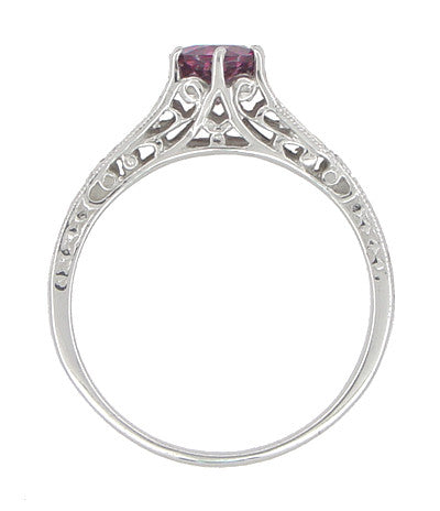 Vintage Style Raspberry Rhodolite Garnet and Diamond Filigree Engagement Ring in 14 Karat White Gold - Item: R158G - Image: 2