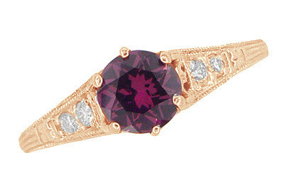 Rose Gold Art Deco Raspberry Rhodolite Garnet and Diamond Filigree Engagement Ring - Item: R158GPG - Image: 3