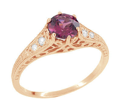 Rose Gold Art Deco Raspberry Rhodolite Garnet and Diamond Filigree Engagement Ring - Item: R158GPG - Image: 4