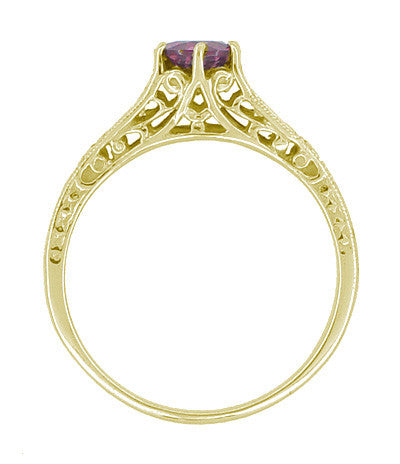 Raspberry Rhodolite Garnet and Diamond Filigree Ring in 14 Karat Yellow Gold - Item: R158GY - Image: 2