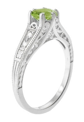 Filigree Peridot and Diamond Art Deco Engagement Ring in 14 Karat White Gold - Item: R158PER - Image: 3