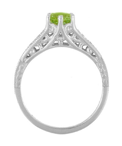 Filigree Peridot and Diamond Art Deco Engagement Ring in 14 Karat White Gold - Item: R158PER - Image: 4