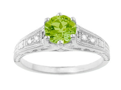 Filigree Peridot and Diamond Art Deco Engagement Ring in 14 Karat White Gold - Item: R158PER - Image: 5