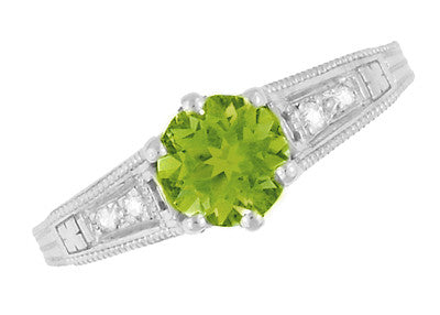 Filigree Peridot and Diamond Art Deco Engagement Ring in 14 Karat White Gold - Item: R158PER - Image: 6