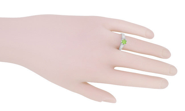 Filigree Peridot and Diamond Art Deco Engagement Ring in 14 Karat White Gold - Item: R158PER - Image: 7