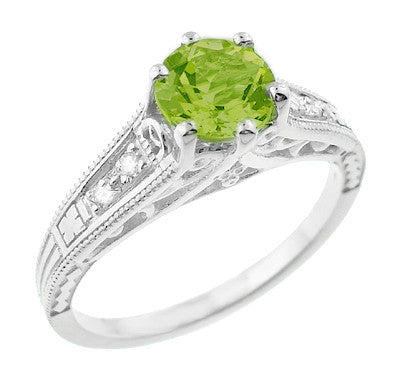 1920s Vintage Filigree Peridot Engagement Ring with Side Diamonds in White Gold - R158PER