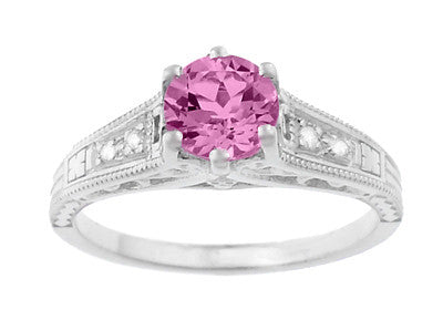 Art Deco Filigree Vintage Style Pink Sapphire and Diamond Platinum Engagement Ring - Item: R158PSP - Image: 5