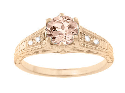 Art Deco Rose Gold Morganite and Side Diamond Filigree Engagement Ring - Vintage 1920's Design - Item: R158RM - Image: 2