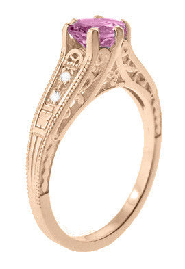 Art Deco Pink Sapphire and Diamonds Filigree Engagement Ring in 14 Karat Pink ( Rose ) Gold - Item: R158RPS - Image: 3