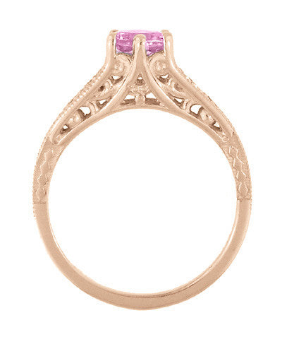 Art Deco Pink Sapphire and Diamonds Filigree Engagement Ring in 14 Karat Pink ( Rose ) Gold - Item: R158RPS - Image: 4