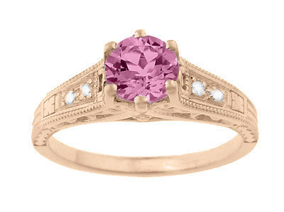 Art Deco Pink Sapphire and Diamonds Filigree Engagement Ring in 14 Karat Pink ( Rose ) Gold - Item: R158RPS - Image: 5