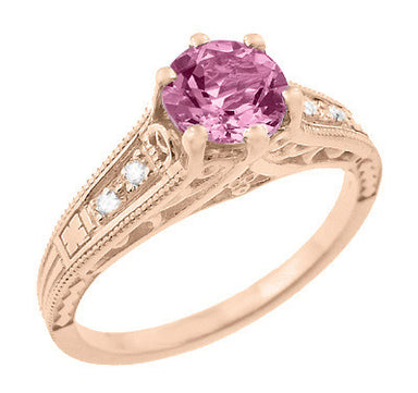 Art Deco Pink Sapphire and Diamonds Filigree Engagement Ring in 14 Karat Pink ( Rose ) Gold - alternate view