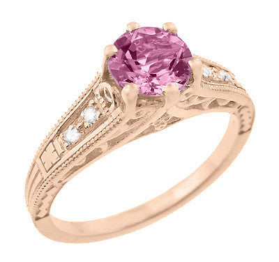 Art Deco Pink Sapphire and Diamonds Filigree Engagement Ring in 14 Karat Pink ( Rose ) Gold - Item: R158RPS - Image: 2