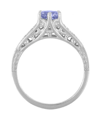 Art Deco Filigree Tanzanite and Diamond Engagement Ring in 14 Karat White Gold - Item: R158TA - Image: 4