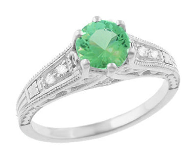 Vintage Light Spearmint Green Tourmaline Engagement Ring in White Gold with Side Diamonds 1920's Art Deco Replica - R158TO