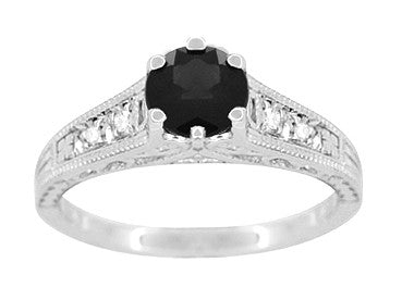 Art Deco Round Black Diamond Antique Gothic Engagement Ring in White Gold 1.25 Carat - R158WBD