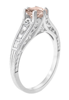Art Deco Antique Style Morganite and Diamond Filigree Engagement Ring in 14 Karat White Gold - Item: R158WM - Image: 3