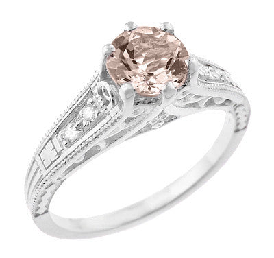 Art Deco Antique Style Morganite and Diamond Filigree Engagement Ring in 14 Karat White Gold - Item: R158WM - Image: 2