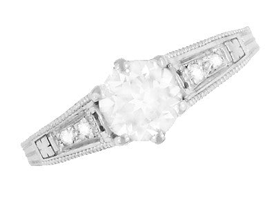 Art Deco White Sapphire Scroll Filigree Engagement Ring in 14 Karat White Gold - Item: R158WS - Image: 5