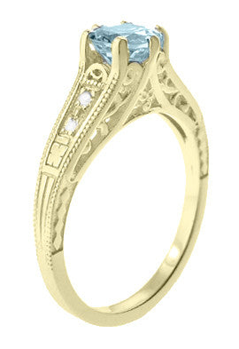Art Deco Antique Style Aquamarine and Diamond Filigree Engagement Ring in 14 Karat Yellow Gold - Item: R158YA - Image: 3