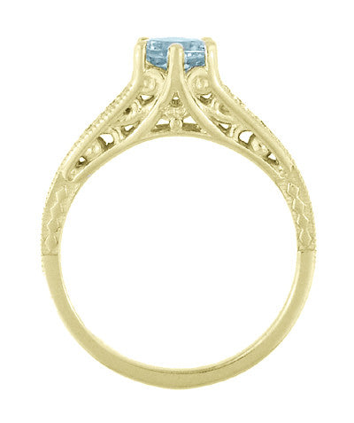 Art Deco Antique Style Aquamarine and Diamond Filigree Engagement Ring in 14 Karat Yellow Gold - Item: R158YA - Image: 4