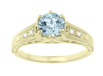 Art Deco Antique Style Aquamarine and Diamond Filigree Engagement Ring in 14 Karat Yellow Gold - Item: R158YA - Image: 5