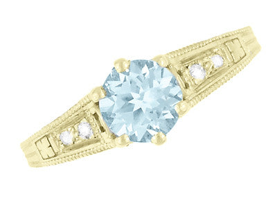Art Deco Antique Style Aquamarine and Diamond Filigree Engagement Ring in 14 Karat Yellow Gold - Item: R158YA - Image: 6