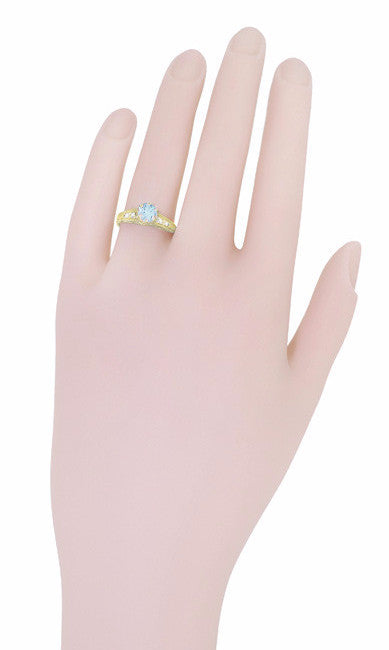 Art Deco Antique Style Aquamarine and Diamond Filigree Engagement Ring in 14 Karat Yellow Gold - Item: R158YA - Image: 7