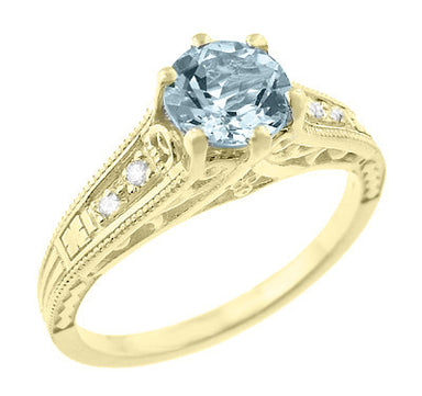 Art Deco Antique Style Aquamarine and Diamond Filigree Engagement Ring in 14 Karat Yellow Gold - alternate view