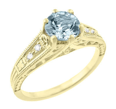 Art Deco Antique Style Aquamarine and Diamond Filigree Engagement Ring in 14 Karat Yellow Gold - Item: R158YA - Image: 2