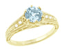 Vintage Yellow Gold Aquamarine Engagement Ring with Diamonds on Sides - 1920's Art Deco Filigree - R158YA