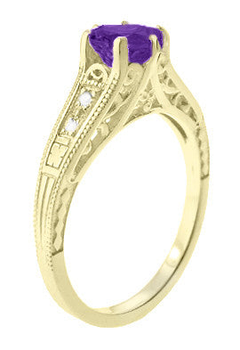 Amethyst and Diamond Filigree Engagement Ring in 14 Karat Yellow Gold - Item: R158YAM - Image: 3