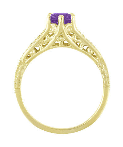 Amethyst and Diamond Filigree Engagement Ring in 14 Karat Yellow Gold - Item: R158YAM - Image: 4