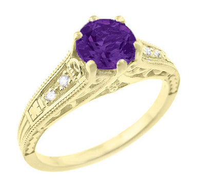 Amethyst and Diamond Filigree Engagement Ring in 14 Karat Yellow Gold - alternate view