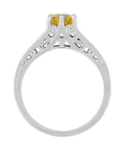 Art Deco Yellow Sapphire and Diamond Filigree Engagement Ring in 14 Karat White Gold - Item: R158YES - Image: 3