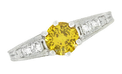 Art Deco Yellow Sapphire and Diamond Filigree Engagement Ring in 14 Karat White Gold - Item: R158YES - Image: 4