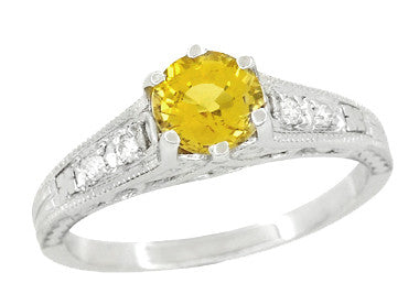 Art Deco Yellow Sapphire and Diamond Filigree Engagement Ring in 14 Karat White Gold - Item: R158YES - Image: 2